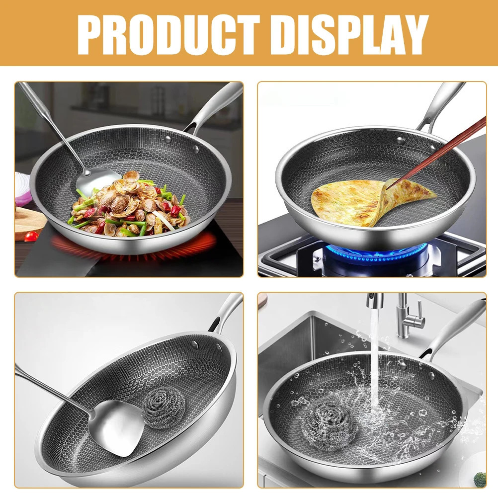 26cm Stainless Steel Frying Pan Honeycomb Grain Restaurant Frying Pan Kitchen Non-stick Cookware Chinese Style Easy to Hold 241111