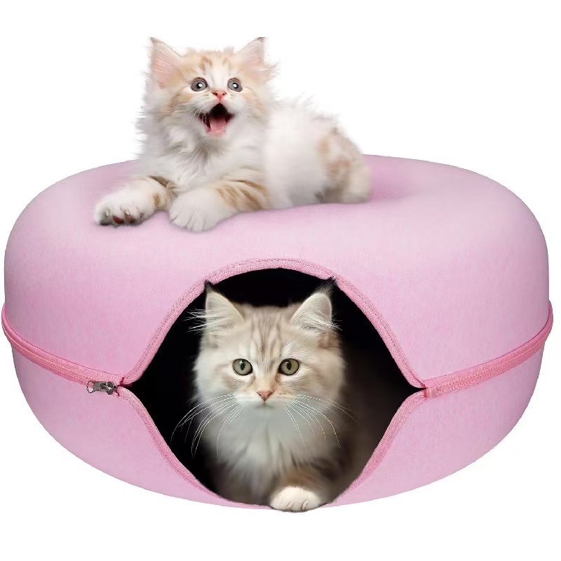 Pet Cave Donut Bed for Cats & Small Dogs - Round Wool Nest with Toys, Made of Natural Felt