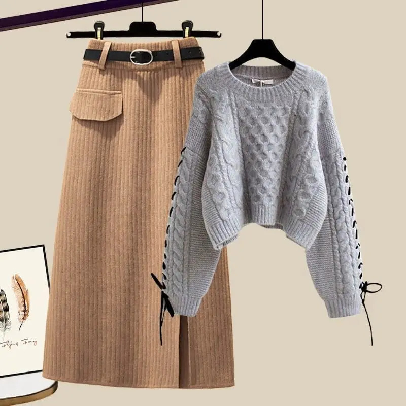 Big Womens Winter Set Womens Korean Sweater High Waist Ultra Thin Half Skirt Two Piece Set Sweater Matching Set 241112