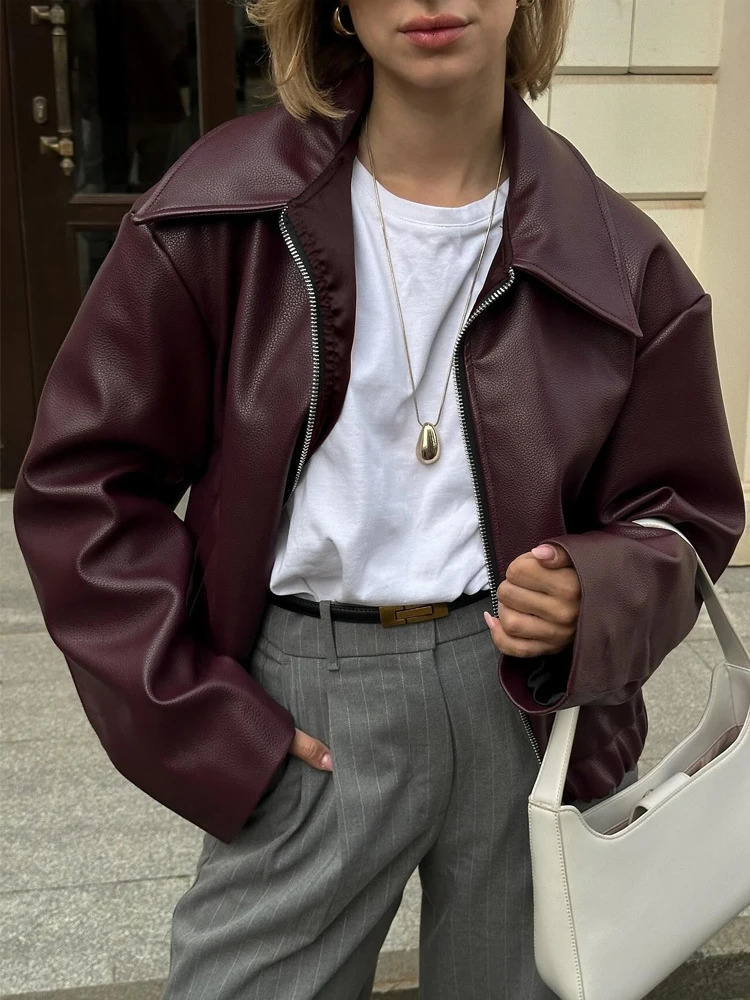 Fashion collar zipper leather motorcycle jacket for women vintage wine red long sleeved bomber bike jacket for women street womens jacket 241111