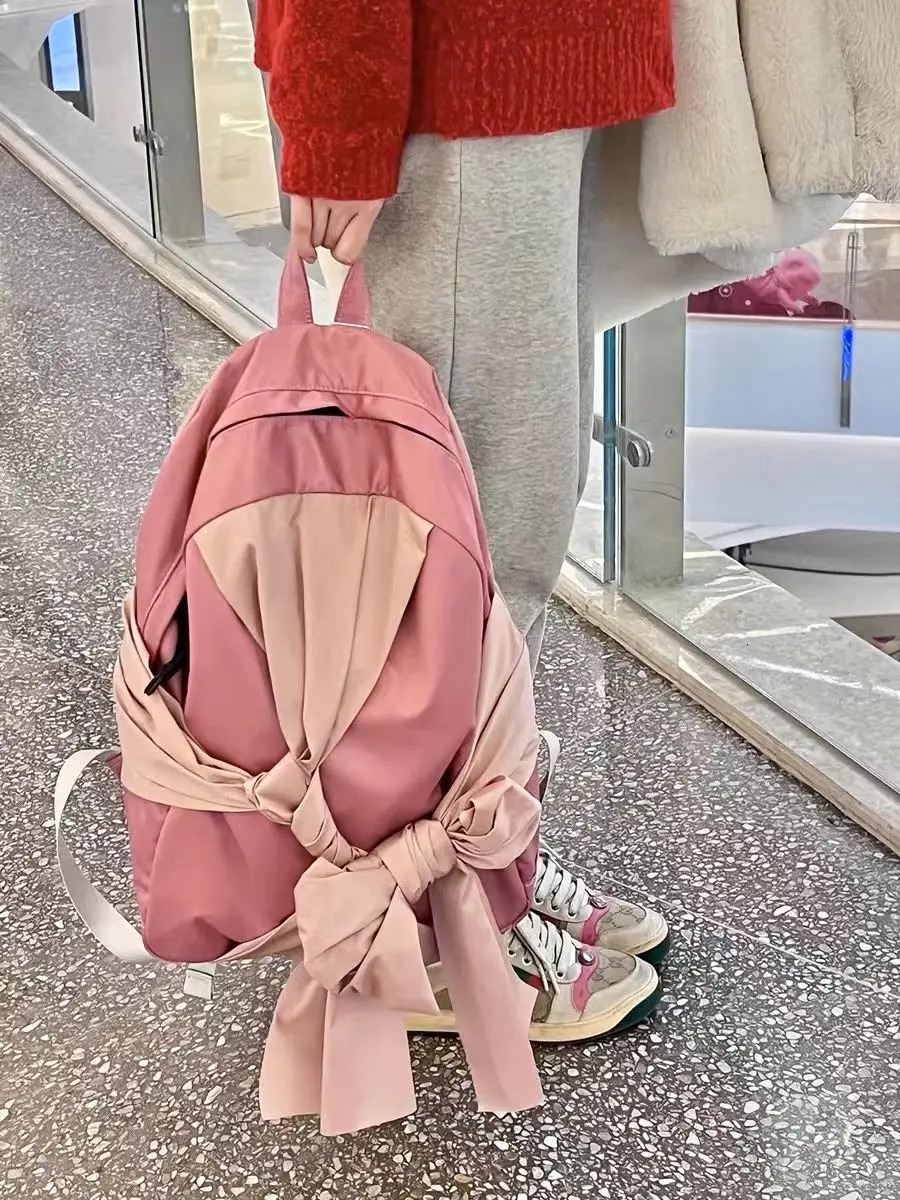 Female Y2k Bow Backpack Large Capacity Korean Fashion Pink Backpack Nylon Waterproof Travel Bag Harajuku Ins 241111
