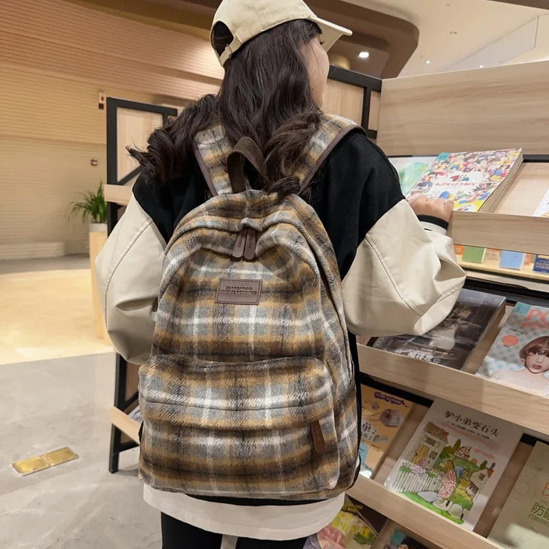 Lattice Vintage Couple Canvas Bag South Korean Harajuku Large Capacity School Backpack Unisex Plaid Ins 241111