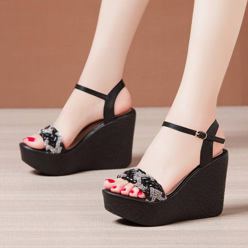Small Size 32-43 Elegant Rhinestone Platform Wedges Shoes Women 2024 Summer High Heels Sandals Leather Office Model Mom Beach