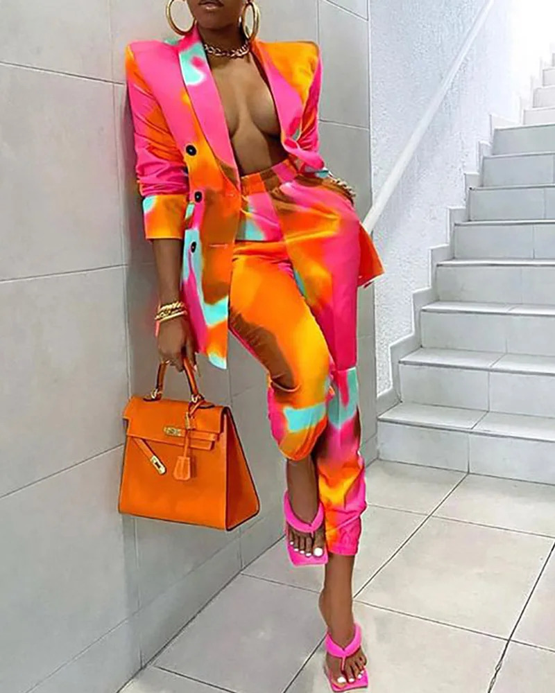 Womens Tie Dyed Long Sleeve Fashion Suit Coat Two-piece Set Woman 2 Pieces Blazer Set Womens Blazer Suits Women Suit 240329