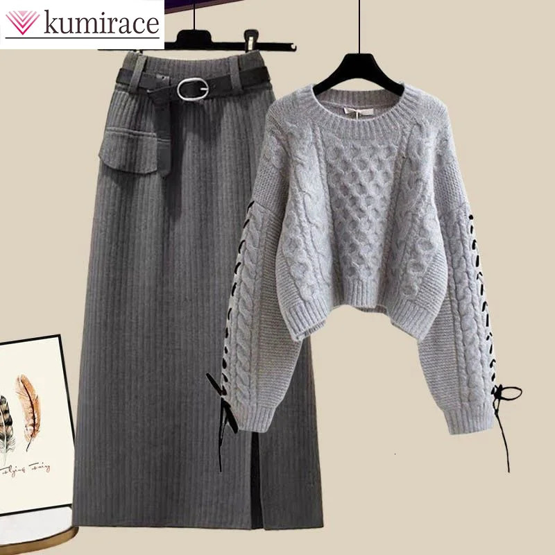 Big Womens Winter Set Womens Korean Sweater High Waist Ultra Thin Half Skirt Two Piece Set Sweater Matching Set 241112