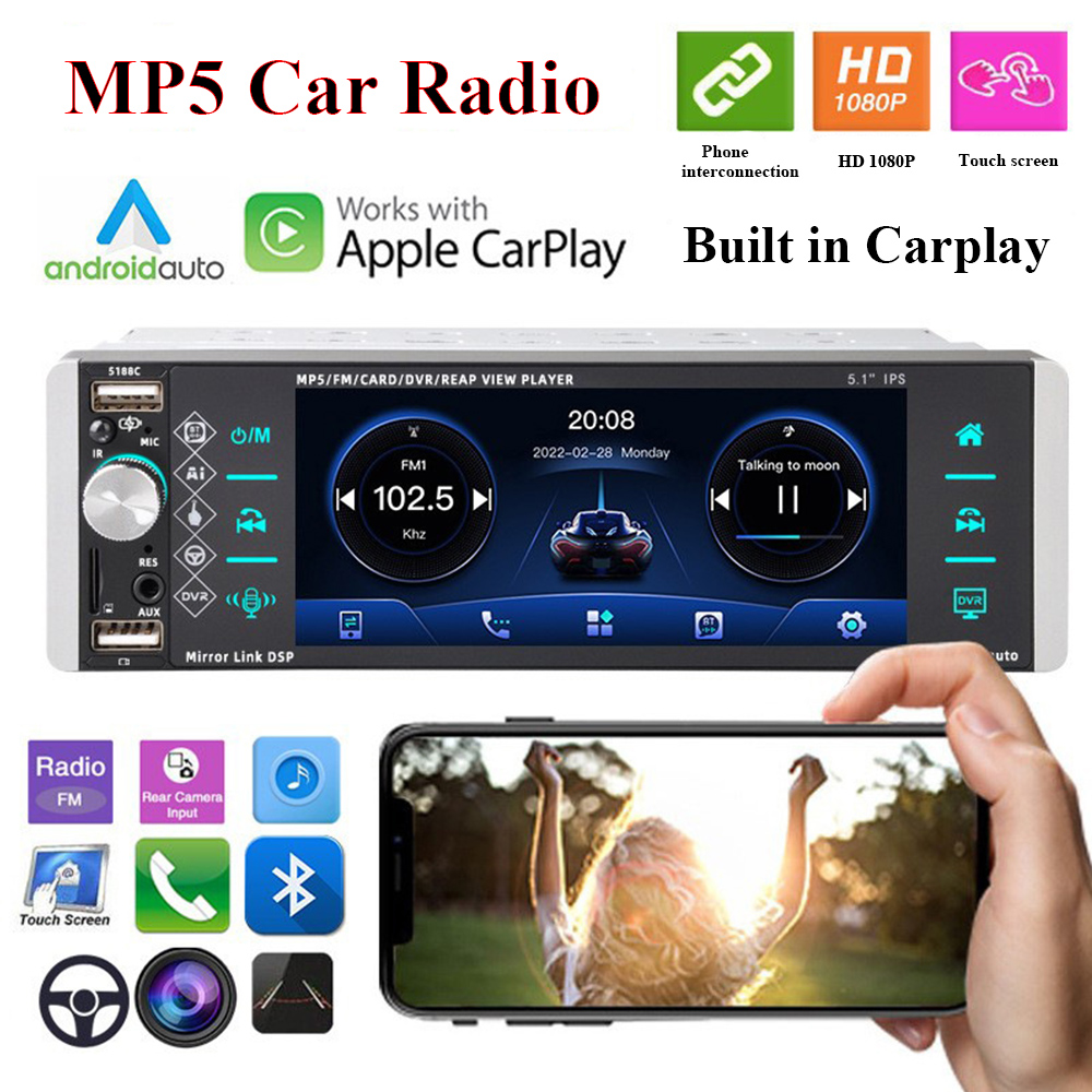 1din MP5 Player Touch Car Radio FM 4-USB 5.1 Inches Support Android Mirrorlink Bluetooth Carplay Autoradio DVR b8608