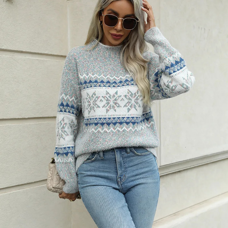 Women Sweater Mock Neck Long Sleeve Sweater Casual Street Fashion Style Christmas Snowflake Pattern Jacquard Weave Sweater 241111