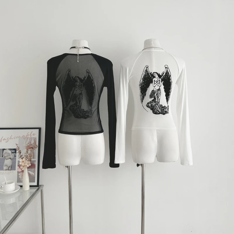 Black Retro Angel Print T-shirt for Women Spring Fashion Slim Fit Tee Shirt Y2k E-Girl Long Sleeve Bottoming Tops Mujer 240409
