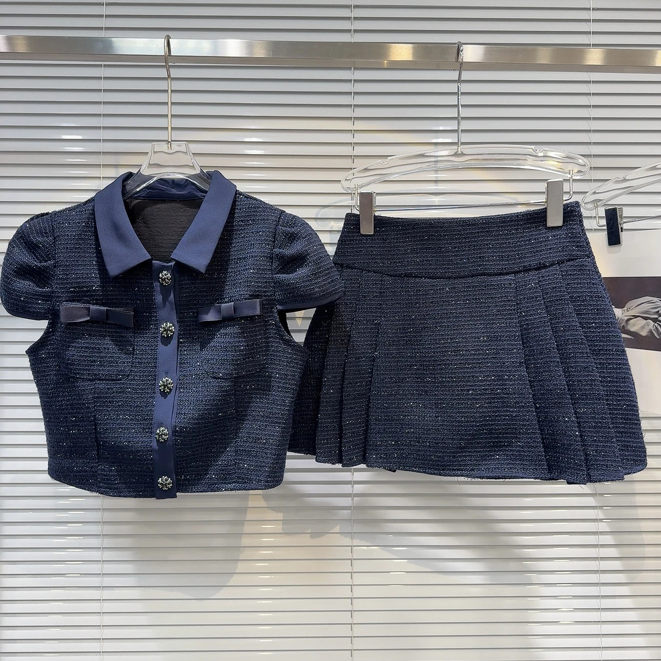 PREPOMP Summer Down Collar Short Puff Sleeve Top Coarse Hemp Mini Folded Leather Two Piece Set GR292 241112