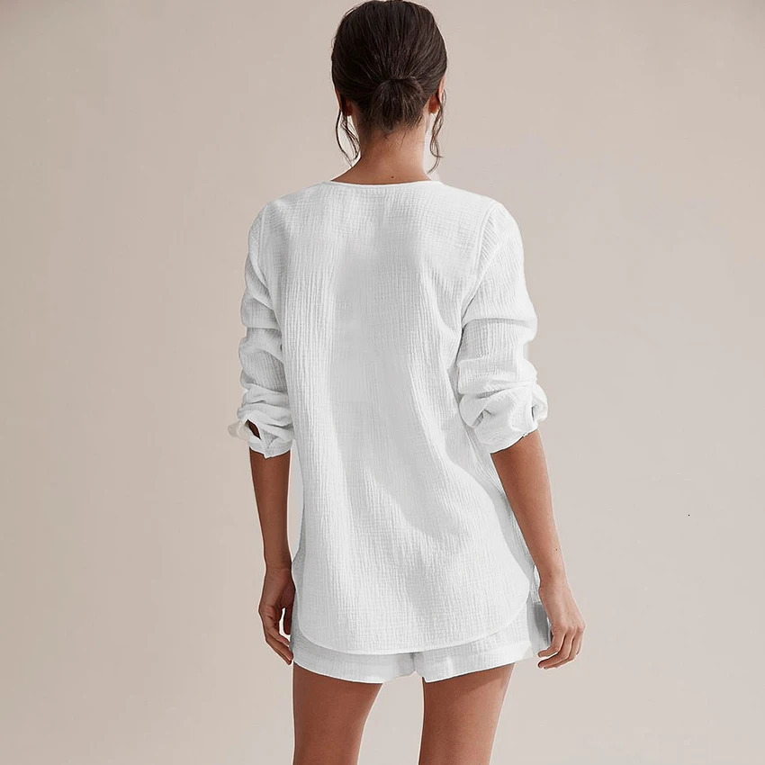 Hiloc pocket white sleepwear cotton dress womens short sleeved lace long sleeved set womens 2-piece V-neck womens sleepwear spring 241112