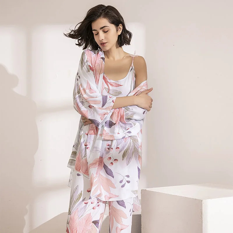 selling 3-piece soft sleepwear set suitable for spring and autumn womens sleepwear floral printed pink leaf cardiganCamisolpants 241112