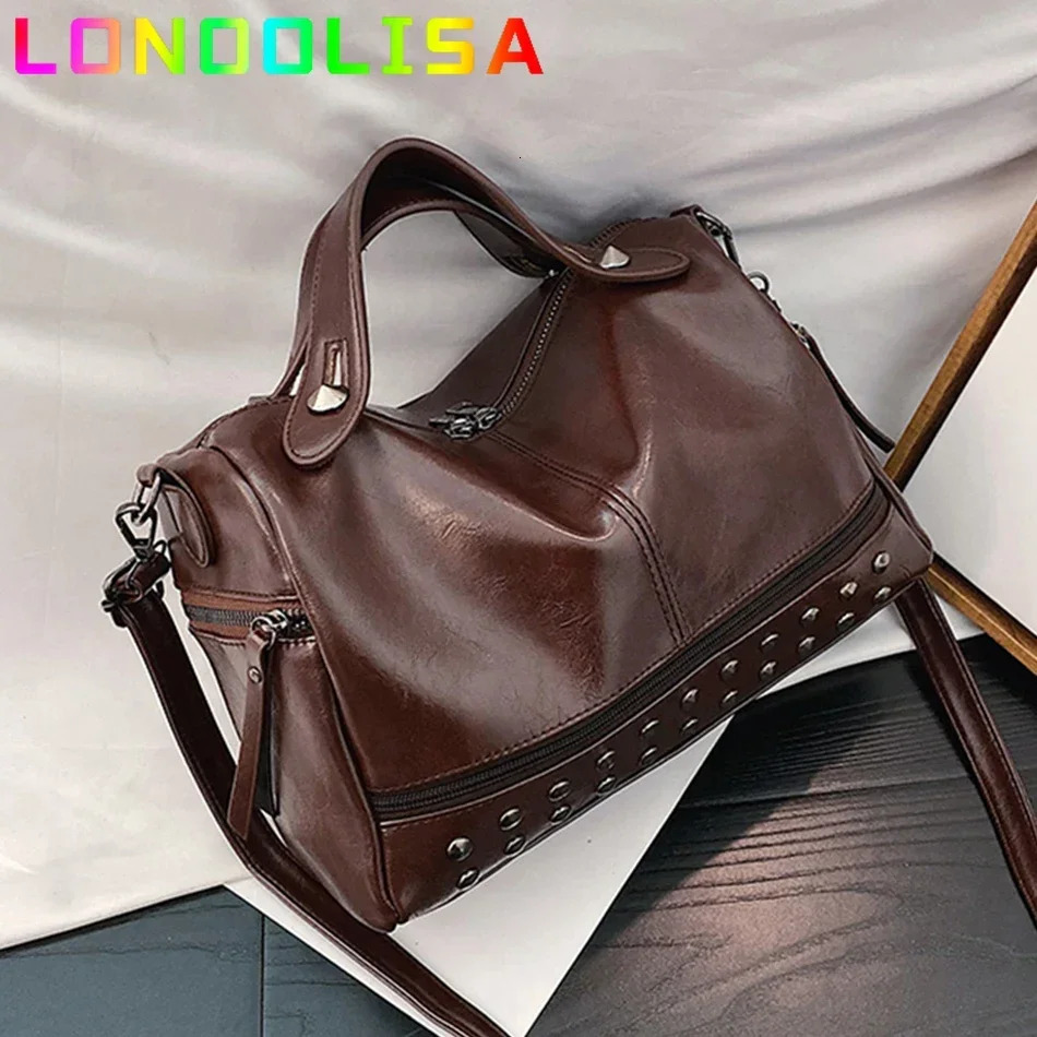 Vintage Female Rivet Shoulder Bag y Handbag Soft PU Leather Crossbody for Women Casual Boston Large Tote Bolsa Feminina 241111