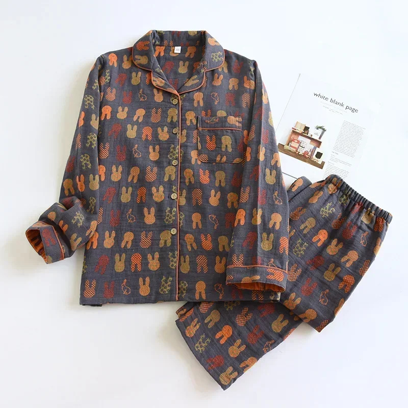 Womens Spring and Autumn Colorful Cotton Long Sleeve Set Jacquard Cotton Womens Pajamas Large Open Skirt Dress 241112