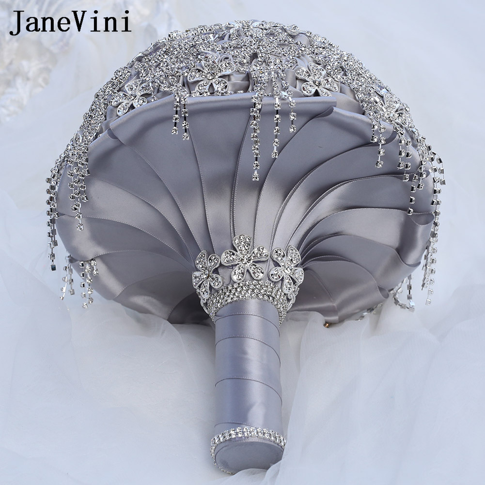 JaneVini Bling Bling Silver Jewelry Brides Wedding Bouquet Satin Flower Beaded Crystal Bruidsboeket Wedding Bridal Hand Bouquets