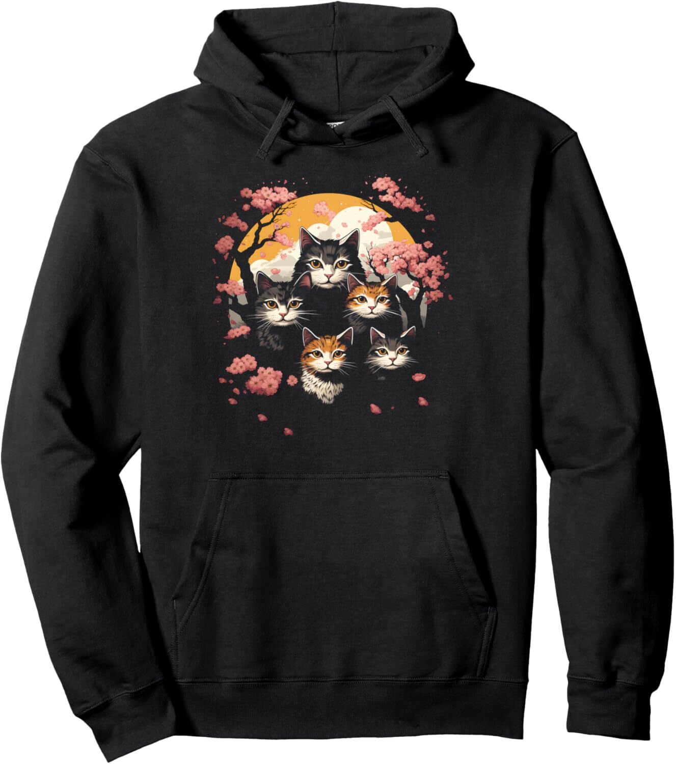 Hoodie for Mens Womens Cat Lover Japanese Cherry Blossom Cat Mom Kawaii Anime Pullover Hoodie Graphic Hoodies sweatshirt
