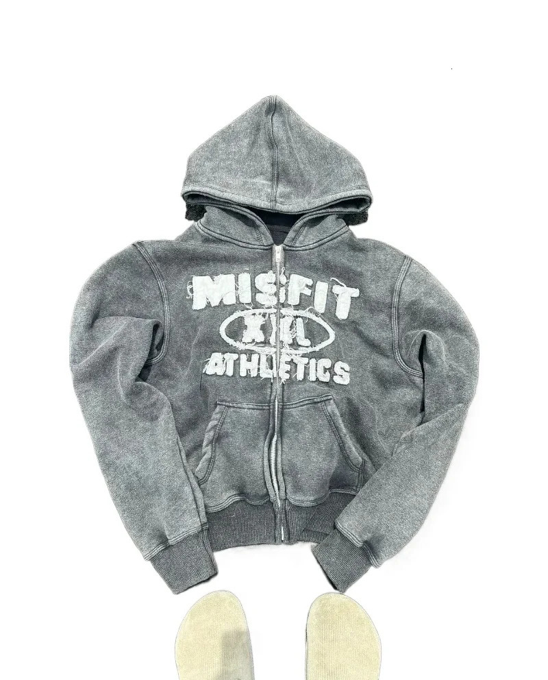 2024 American Retro Trend Gothic Letter Patch Oversized Gray Zipper Hoodie Mens Y2K Harajuku Hip-Hop Casual Street Wear 241111