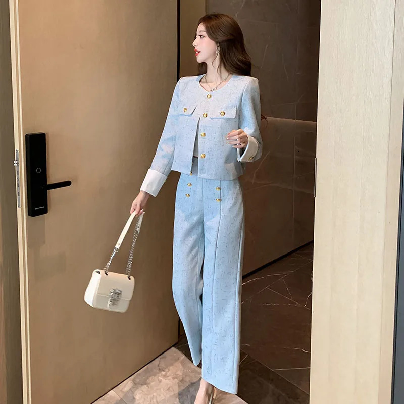 Fall Winter Vintage Two Piece Sets Outfits Women Elegant Tweed Slim Long Trousers Short Coat Top Female Casual Clothes 241112