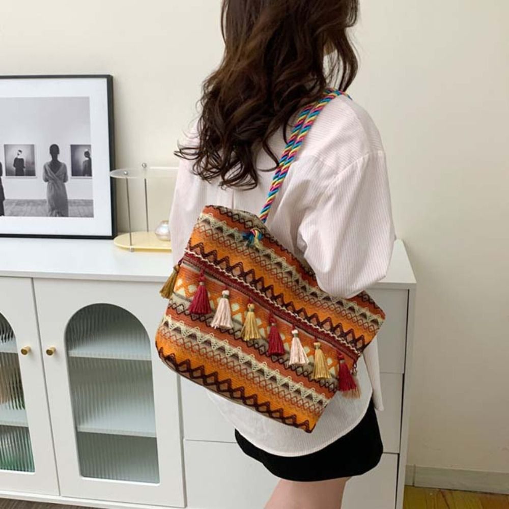 Stripe Ethnic Style Shoulder Bag Tassel Large Capacity Canvas Colorful Handbag Travel Storage Bag Korean Style