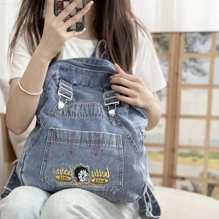Fashionable Harajuku style denim clothing cool cartoon cute large backpack capacity student backpack for school 241111