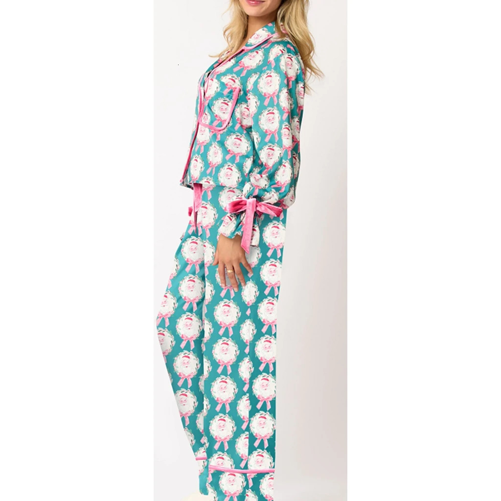 HEZIOWYUN Womens 2Pcs Loungewear Christmas Pjs Outfit Set SantaTree Print Lapel Button-up Long Sleeve Tops Drawstring Pants 241112