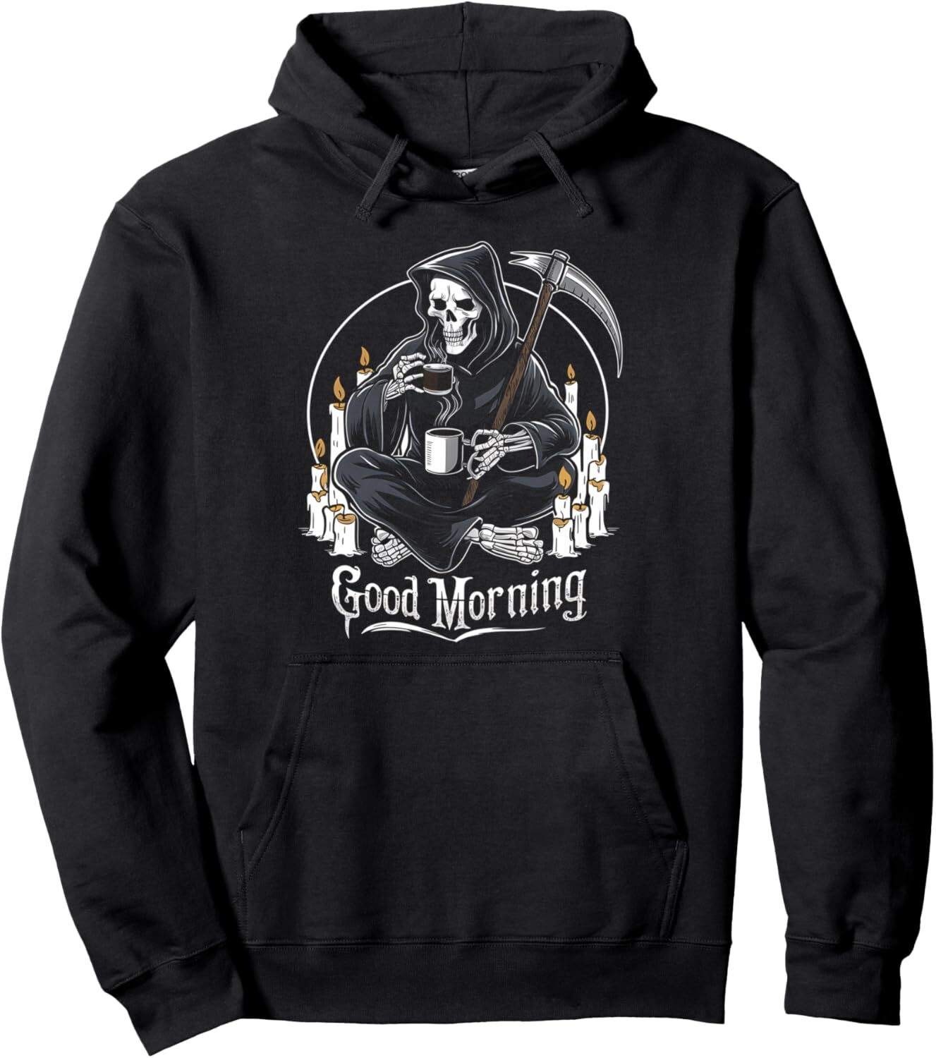 Hoodie for Mens Womens Grim Reaper Coffee Morning Skeleton Death Metals Goth Occult Pullover Hoodie Graphic Hoodies sweatshirt