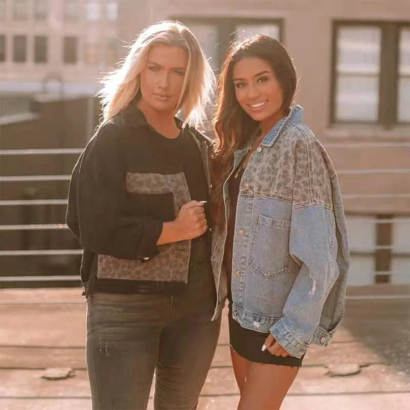 Womens denim jacket spring vintage jacket long sleeved single chest leopard print casual jeans womens top 241112