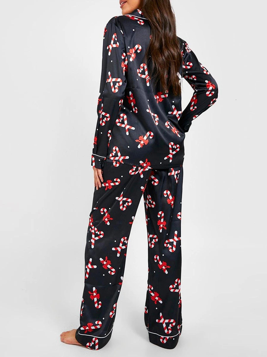 Women Christmas Pajamas Lounge Set Candy Cane Print Long Sleeve Shirts Tops and Pants 2 Piece Loungewear Outfits 241112
