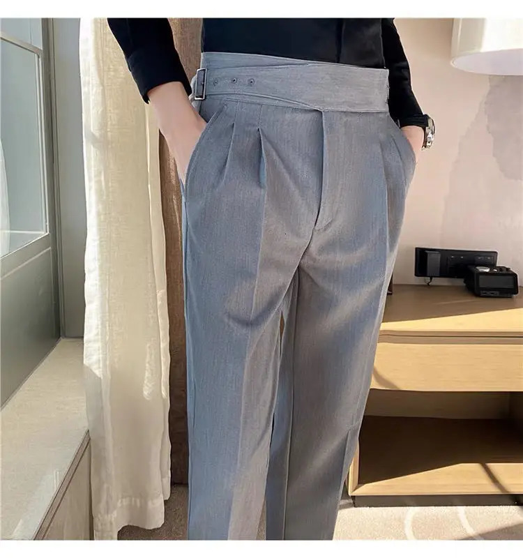 Italian Style Men Naples Suit Pants High Waist Slim Fit Small Feet AnkleLength Spring Fashion Business Casual Trousers 241112