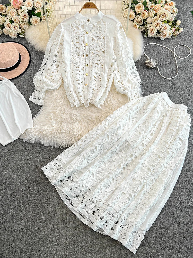 Fashion autumn lace two-piece dress set womens floral embroidery shirt white top Midi long skirt set 2-piece jacket 241112