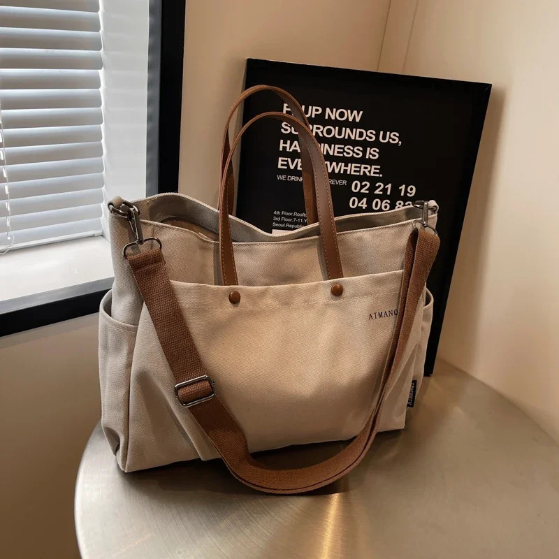 Solid color casual canvas womens cross body bag fashionable simple large capacity zipper multifunctional handbag 241111