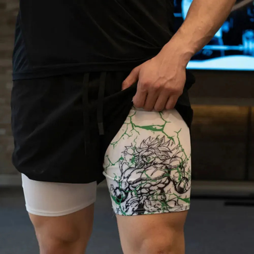 Anime Gym 2 in 1 Shorts for Men Quick Dry Breathable Mesh Performance Shorts Summer Sports Fitness Workout Jogging Short Pants 240412