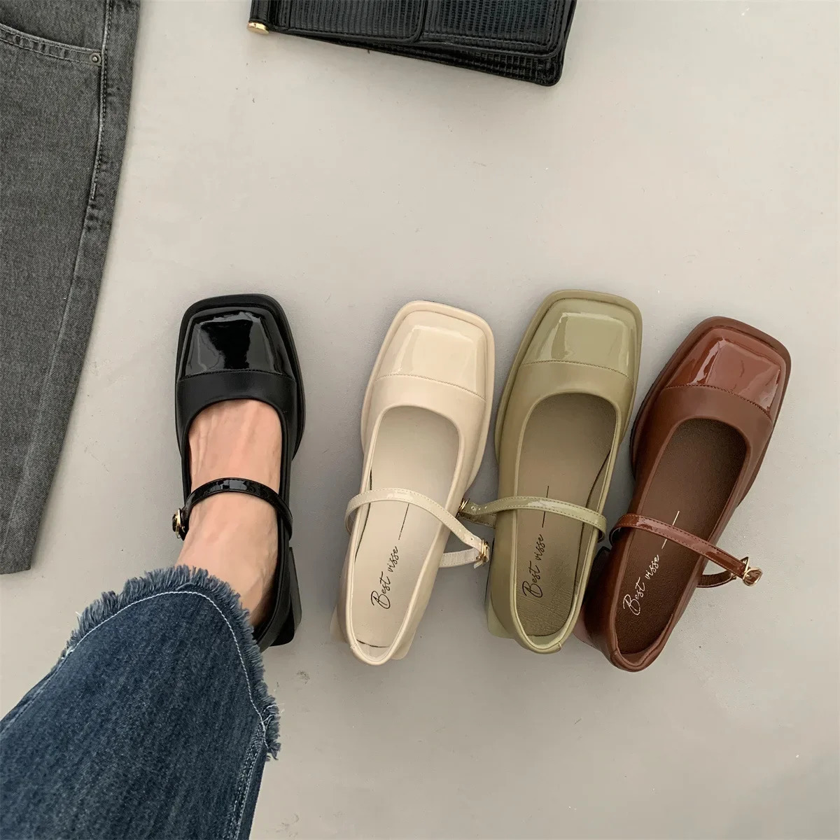 er Women Mary Jane Shoes Spring Leahter Shoes Fashion Buckle Female Square Head Toe Mid Heel Elegant Woman Pumps 241112