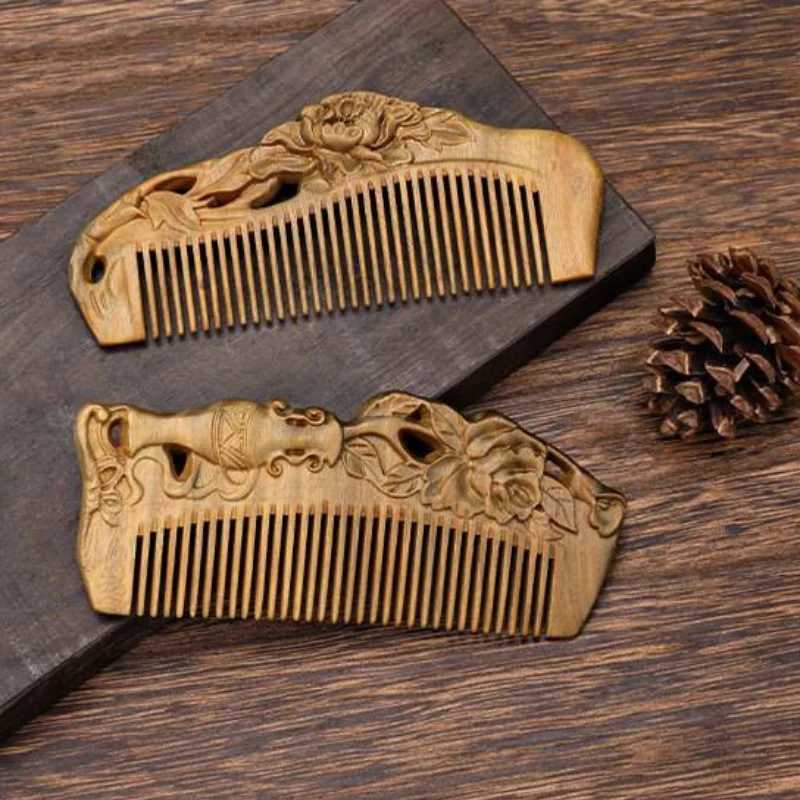 Handmade natural green sandalwood comb portable double-sided carved wooden comb anti-static head massage and hair care tool W241112