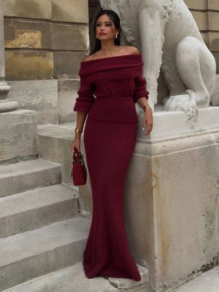 Womens Burgundy Knitted Long Leather Cover Elegant Slant Neck Full Lantern Sleeve Top Long Skirt Autumn Two Piece Set 241112