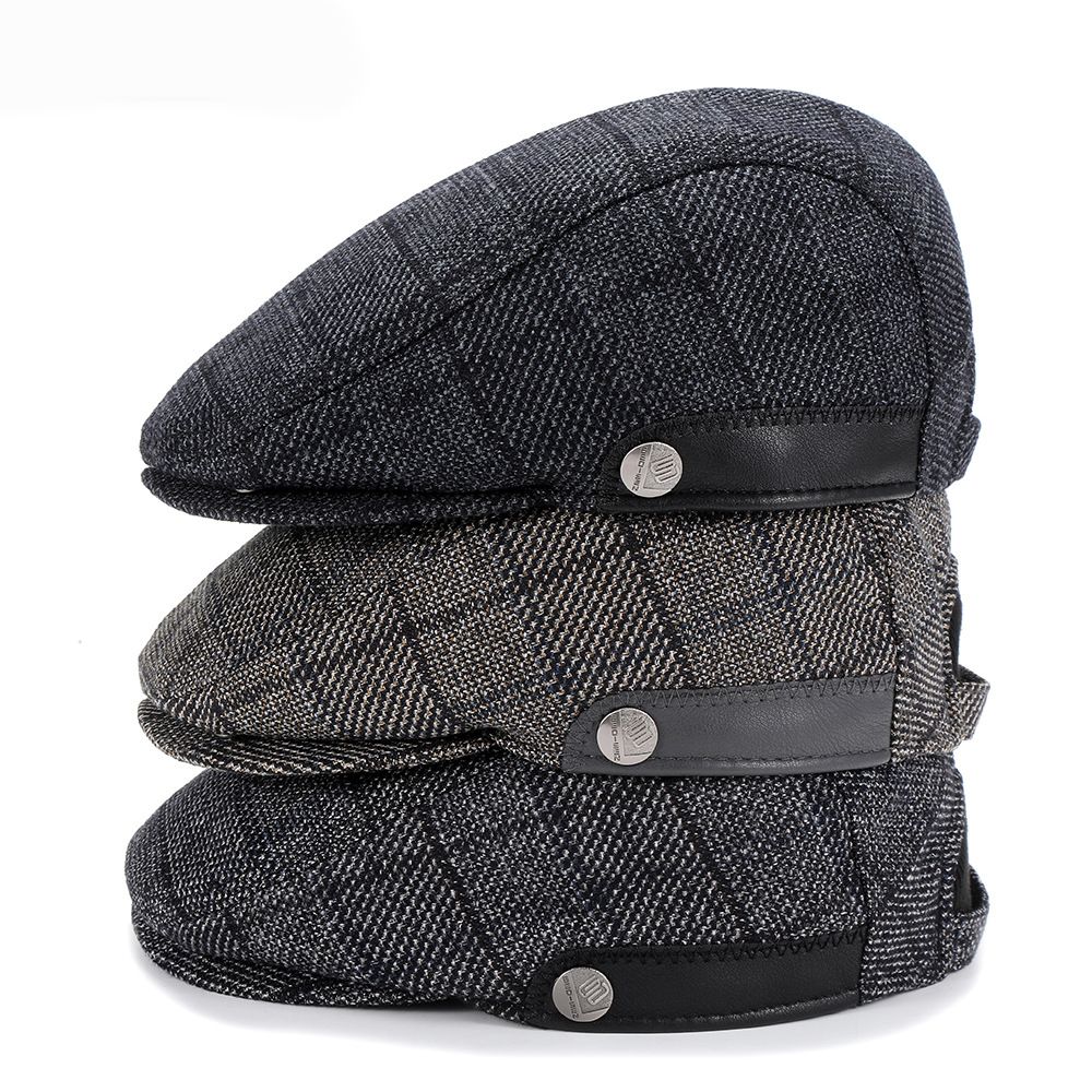 Hat Autumn Winter Men Wool Tweed Beret Solid Colour Caps Short Brim Herringbone Pattern Adjustable Forward Cap Free Shipping