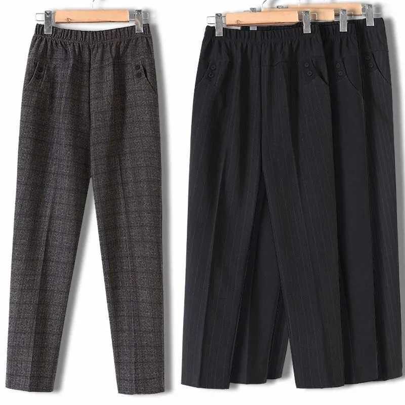 Autumn winter warm middle-aged and elderly plain elastic waist casual straight pants womens Trouser womens striped black pants 5XL 6XL 7XL8XL M241111
