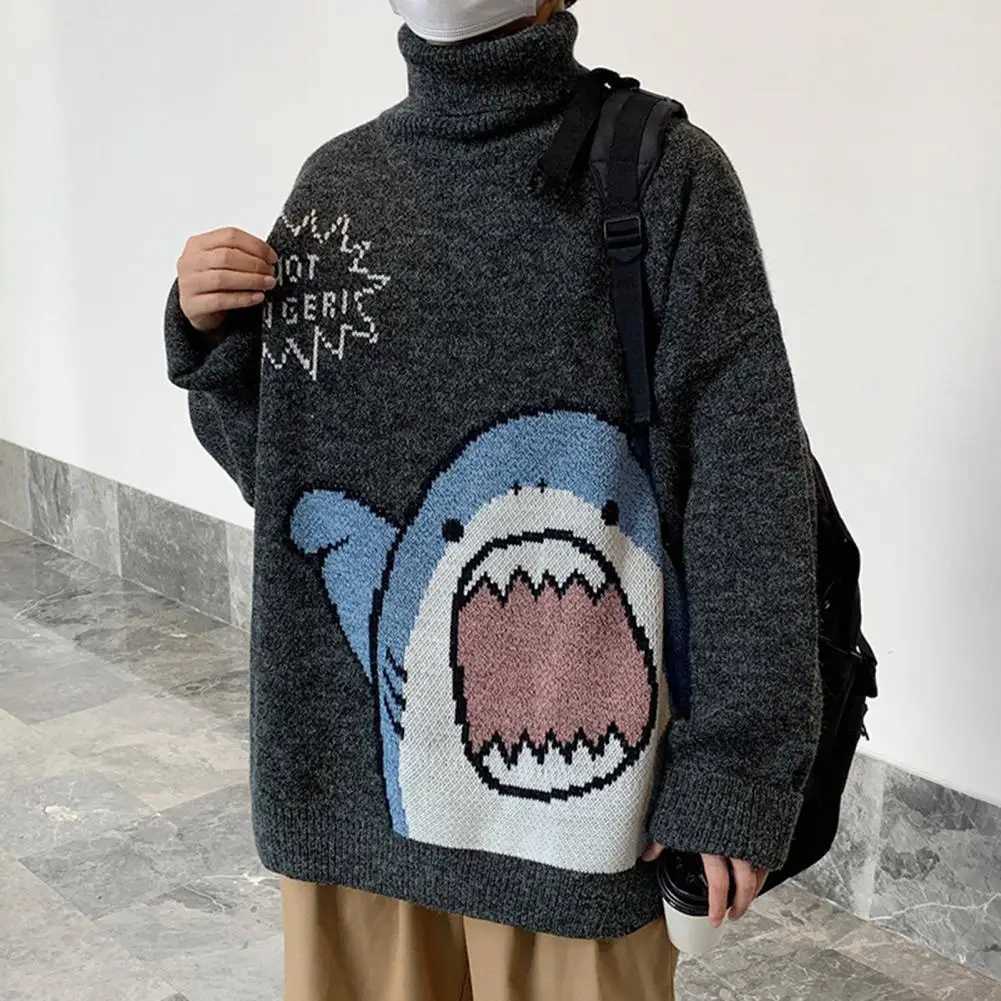 Mens and womens turtle neck shark sweater mens 2022 winter patch or Harajuku Korean style high neck oversized turtle neck autumn sweater W2411111