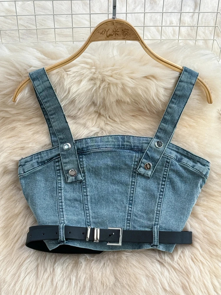 Women Denim Skirts Suit Sleeveless Strapless Sashes Vest Tops Highwaisted Slimming Split ALine Skirt Summer Jeans Set 240412