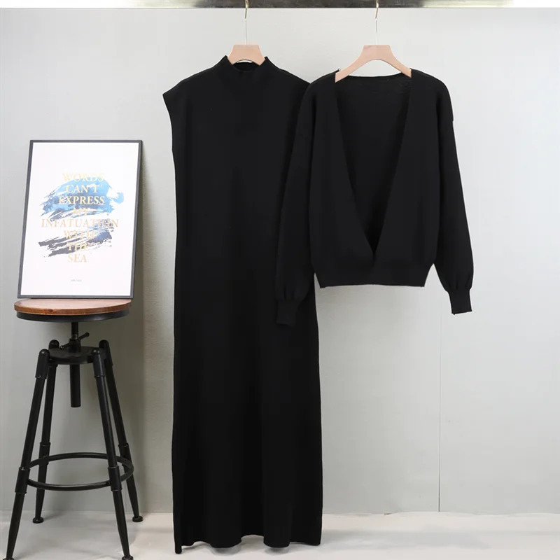 Knitted Womens Sweater Set Autumn Winter Fashion Sleeveless Long Sleeve Sweater Top Two Piece Se 241112