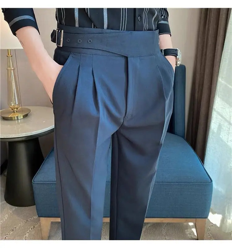 Italian Style Men Naples Suit Pants High Waist Slim Fit Small Feet AnkleLength Spring Fashion Business Casual Trousers 241112
