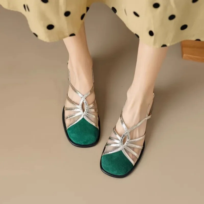 Womens high-heeled net sandals party dress er short and chubby retro suede hollow Zapatillas bounce back pump 241111