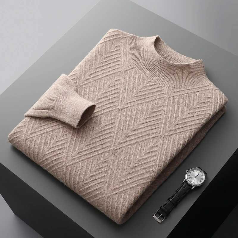 100% pure wool cashmere sweater mens loose half turtle collar jacquard zipper autumn and winter young top W2411111