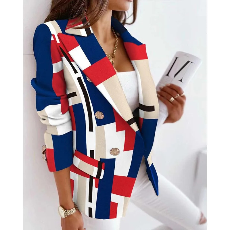 Womens plain weave jacket fashionable long sleeved double chest printed jacket beige jacket womens jacket office set 241111