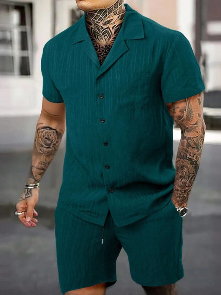 Casual Solid Color Short Sleeve Buttonup Shirts Mens Shorts Two Piece Suits Summer Beach Leisure Loose Outfits Men Fashion Sets 240409
