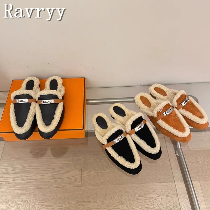 Metal Buckle Wrapped Toe Half Slippers Brand New Flat Platform Round Toe Suede Leather Fur Mules Ladies Winter Warm Shoes