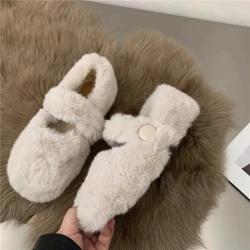 Fashion Womens Winter Fur Flat Shoes Womens Warm Plush Mary Jane Casual Ballet Shoes Outdoor Round Toe Shallow Shoes 241111