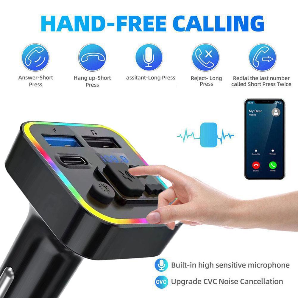 1 Pcs Bluetooth Car 5.0 FM MP3 Player Type-C Dual USB QC3.0 Fast Charging Vehicle Color Ambient Light FM Transmitter Car MP3 4ea21