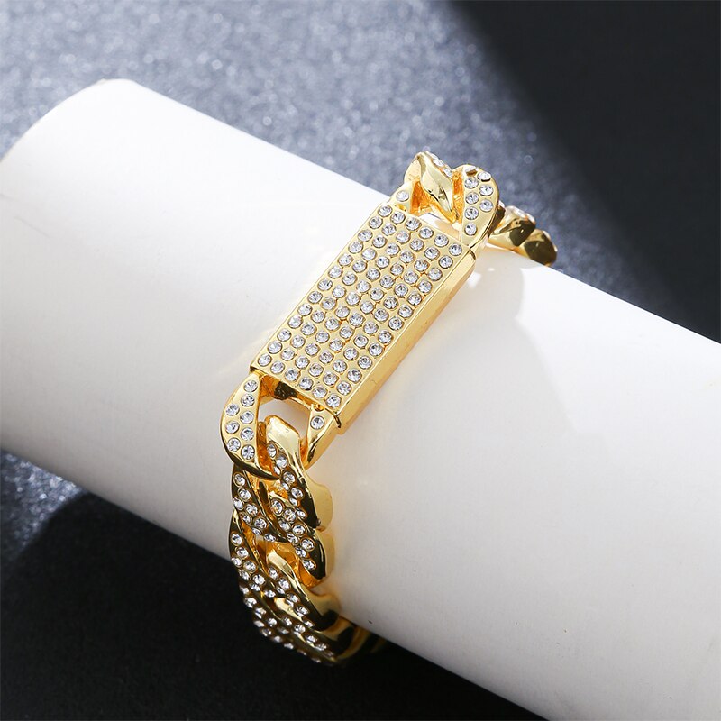 Hip Hop Gold Chuncky ID And Cuban Chain Bracelet Full Crystal Bling Big Size Trendy Men Jewelry Accessory 5