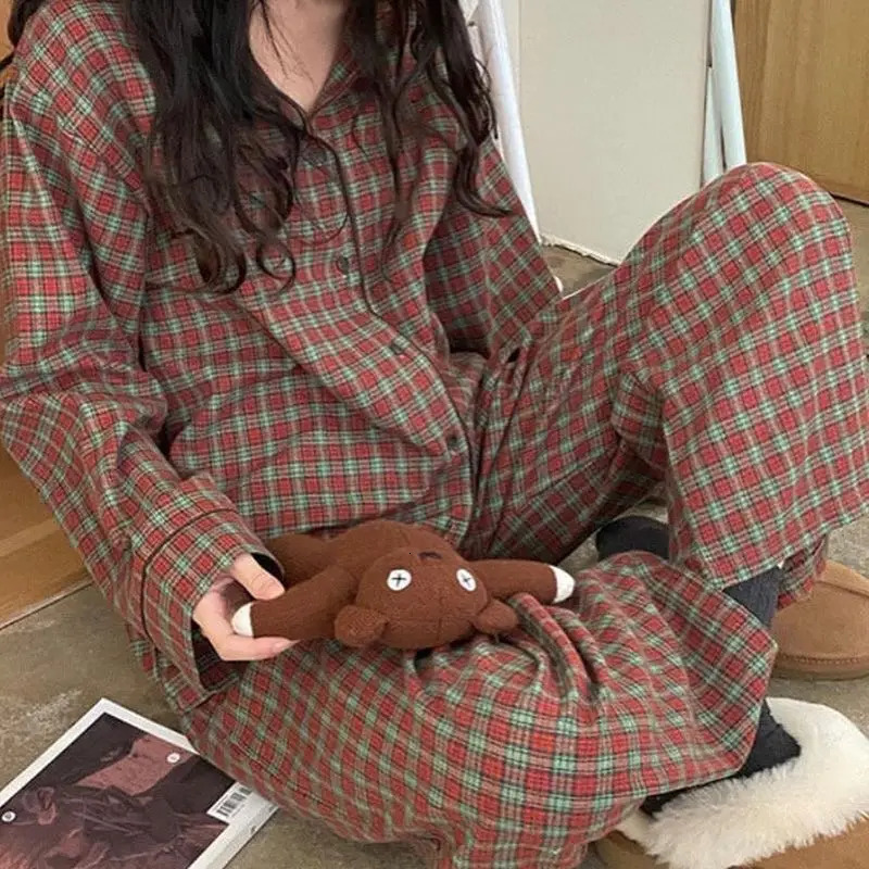 Womens Pajama Set 2XL Plus Size Long Sleeve Mens Pajama Womens Home Pajama Collar Button Solid Color Womens 2-piece Set 241112