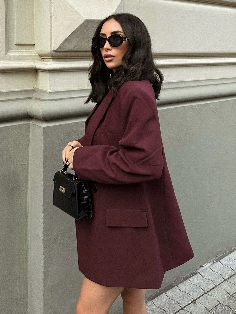 Vintage Womens Burgundy Jacket Autumn Elegant Long Sleeve Double Chest Exterior Office Jacket Womens Fashion Jacket 241111